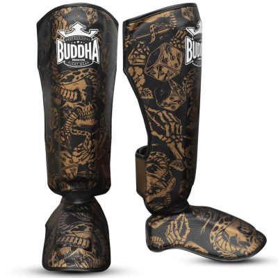 Buddha Espinilleras Muay Thai Kick Boxing Night Skull Fekete-Arany