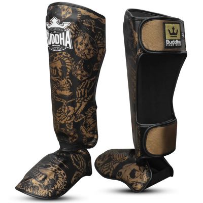 Buddha Espinilleras Muay Thai Kick Boxing Night Skull Fekete-Arany