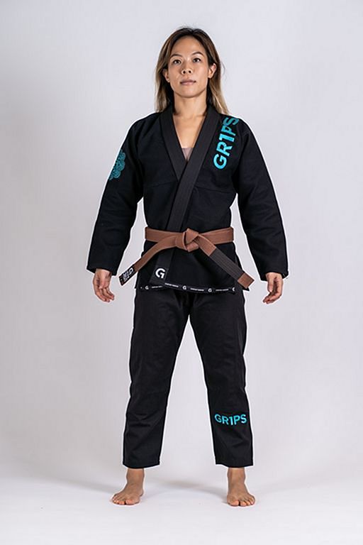 piloto castillo subterráneo Gr1ps Kimono Jiu Jitsu Mujer Primero Competition Negro-Celeste