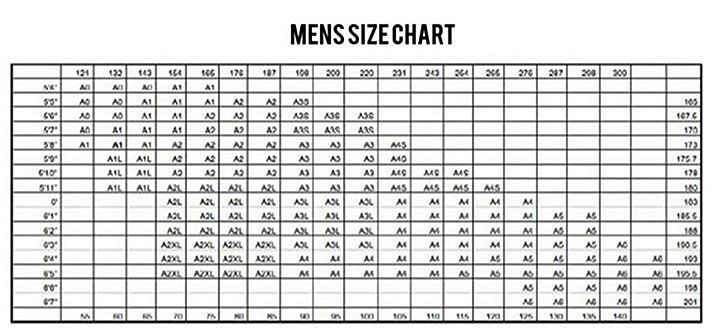 Jiu Jitsu Kimono Size Chart