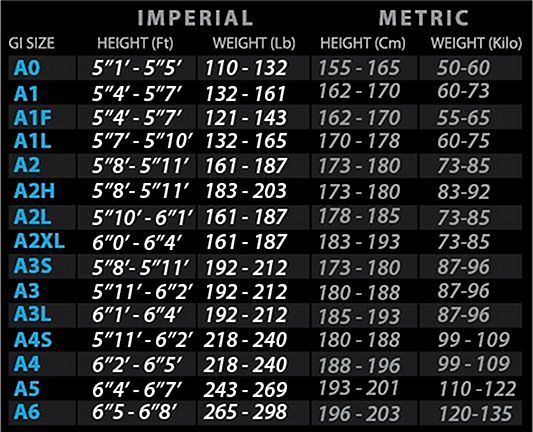 Tatami Zero G Size Chart